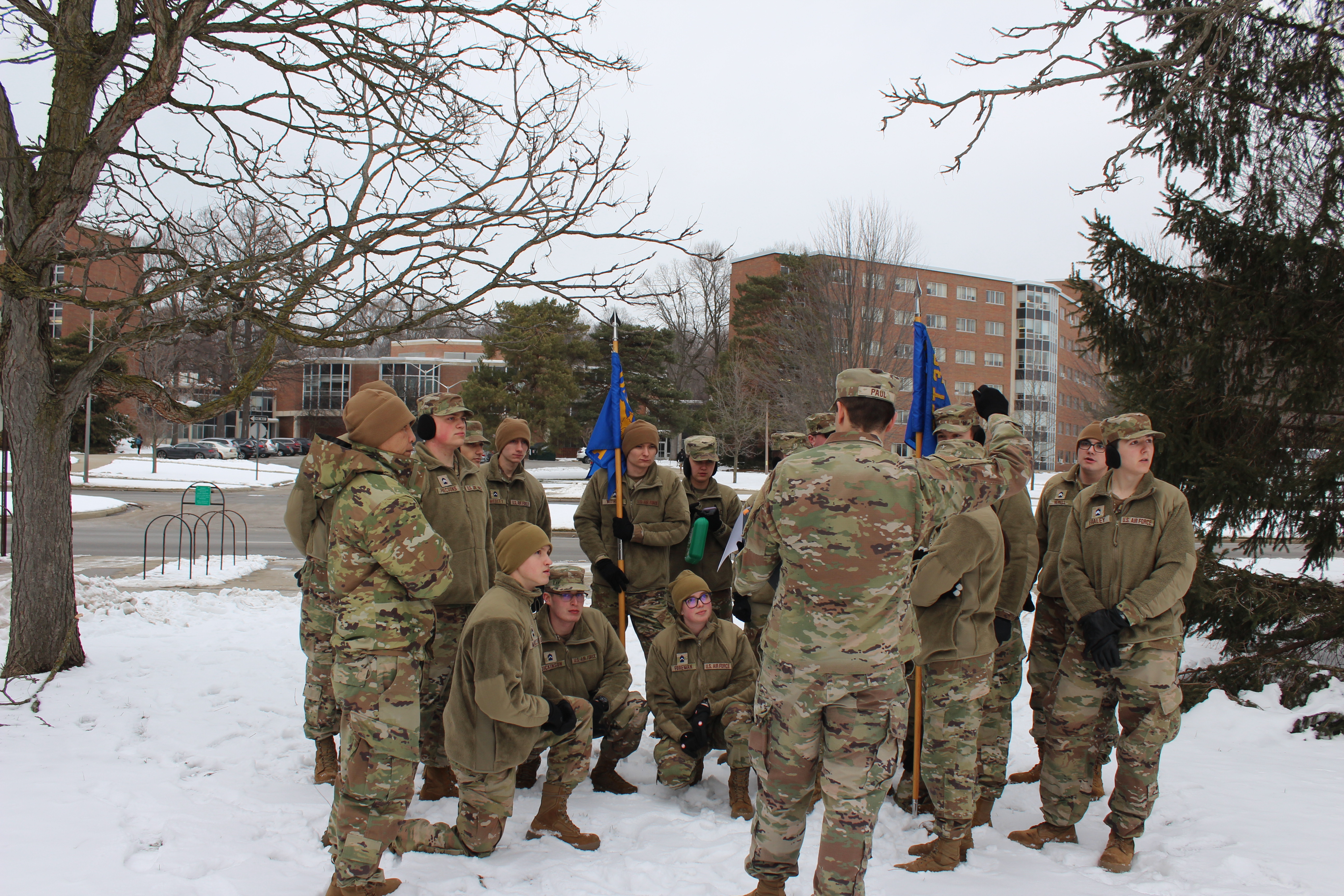 outside marching in snow